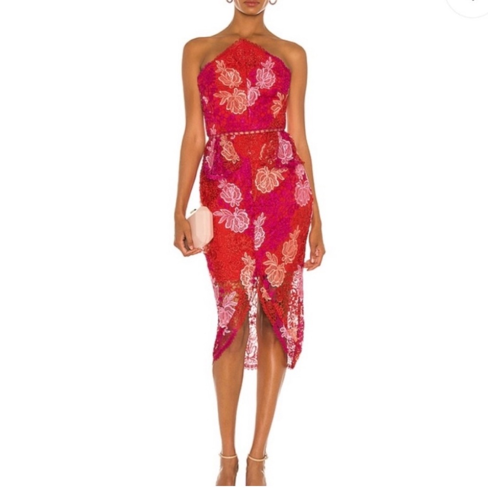 Elliatt x Revolve Times Lace Overlay Strapless Peplum Midi Cocktail Dress